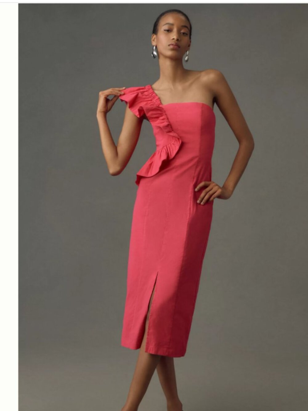 Anthropologie One-Shoulder Ruffle Linen Column Midi Dress size Large